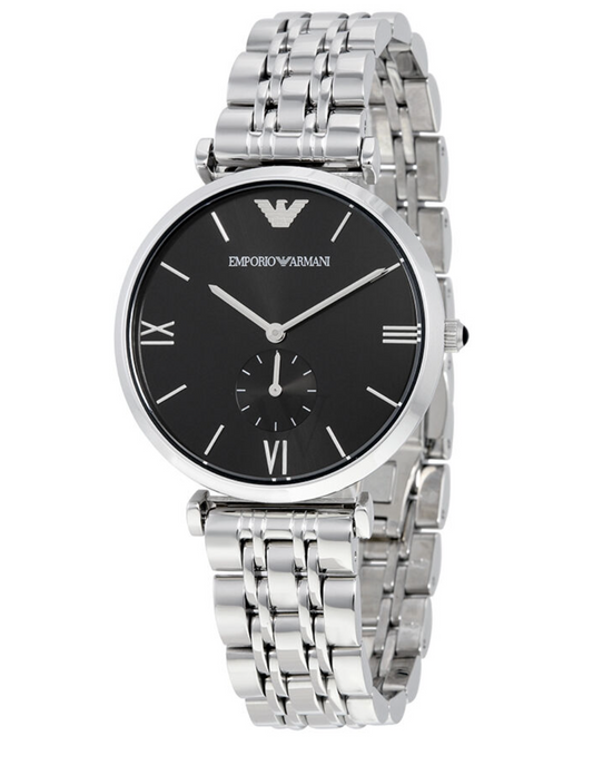 Emporio Armani Mens Classic Dress Watch, Round Black Dial, Stainless Steel Band