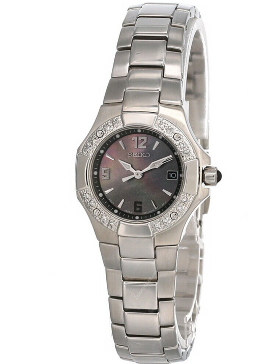 Ladies Seiko SXD575 Coutura Stainless Diamond Mother of Pearl Black Dial Watch