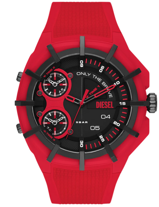 DIESEL Framed Mens Triple Time Analog Watch, Black Dial, Red Silicone Band