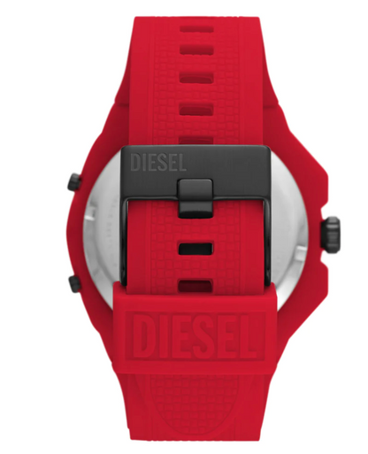DIESEL Framed Mens Triple Time Analog Watch, Black Dial, Red Silicone Band